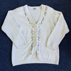 Vintage Leslie Fay Sweater Womens Large White Floral Embroidered Cardigan 90s